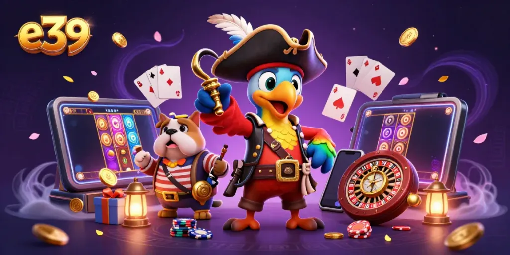 Experience thrilling e39 gaming excitement with a pirate captain and his crew amid rich casino elements.