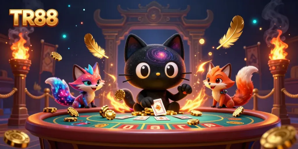 Engage in thrilling gameplay with TR88 at a cosmic casino, featuring vibrant characters and gold elements.