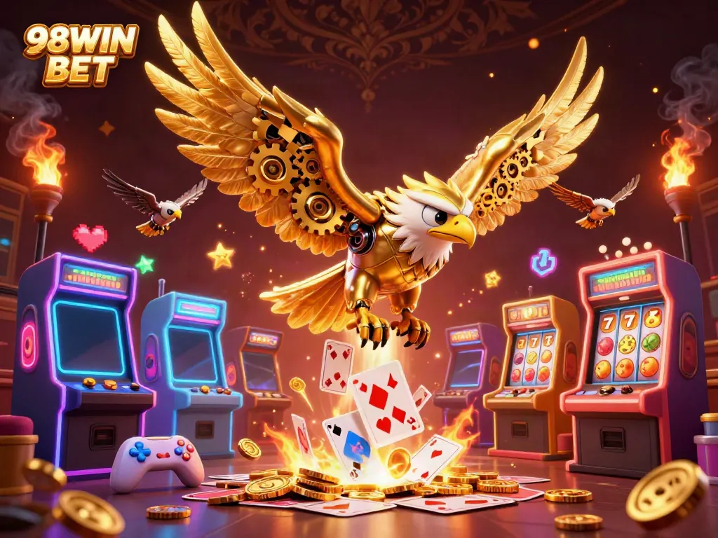 Experience 98WIN BET in a vibrant 3D scene filled with casino-themed elements.