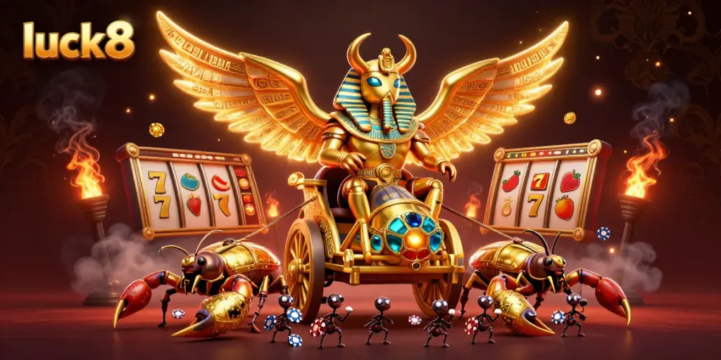 Experience luck8 with vibrant slot symbols amid a grandiose 3D chariot pulled by jeweled scorpions.