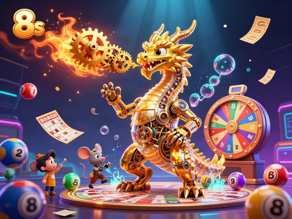 Engage with the vibrant 8s casino world featuring a dragon and lottery elements in motion.