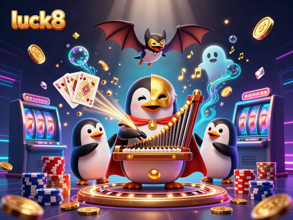 Spin and win with luck8 as golden coins cascade from a lively casino scene.