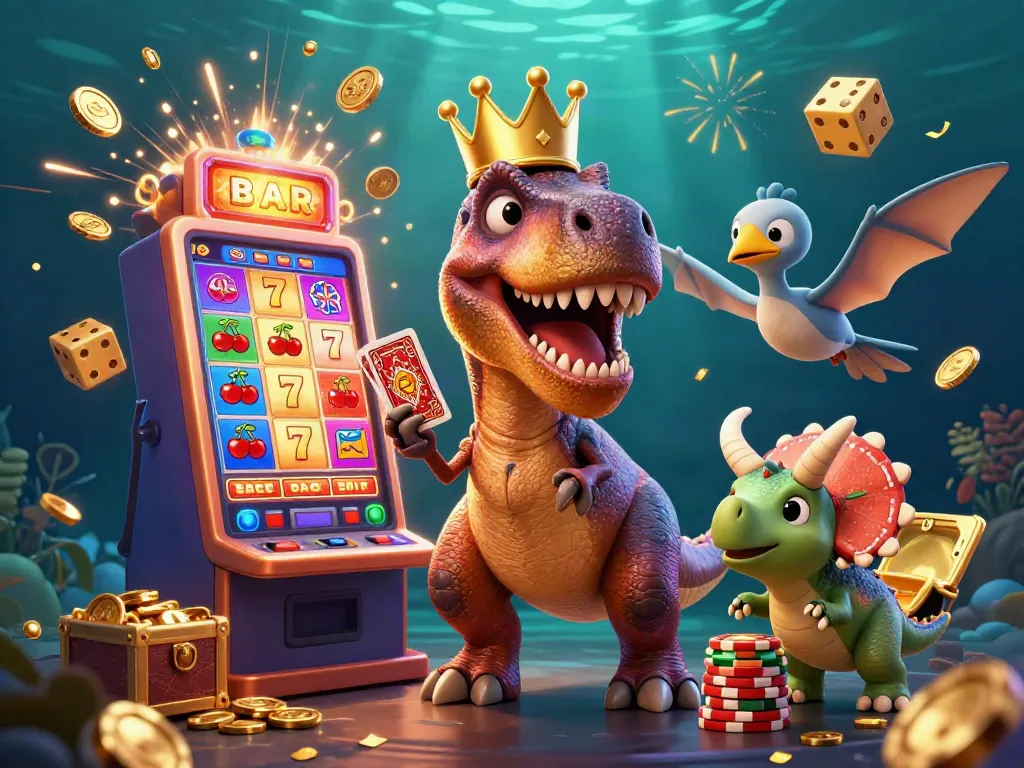 Engage with 32win's vibrant casino action featuring a unique dinosaur and whimsical characters.
