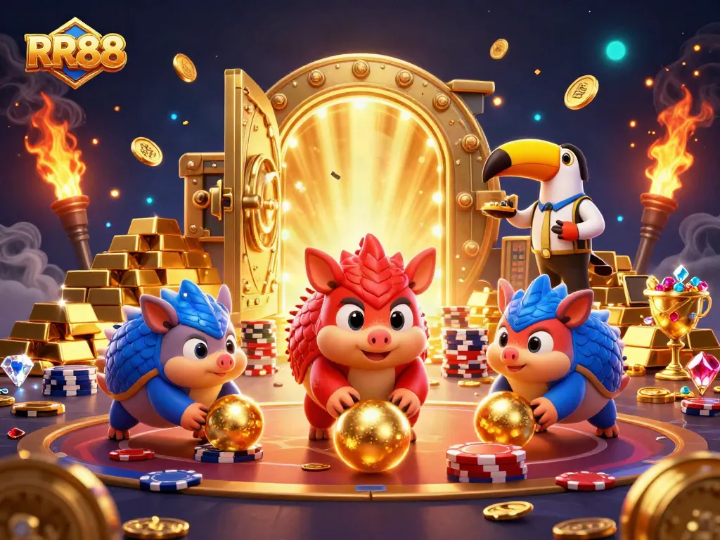 RR88 pangolins competing in a dynamic casino scene filled with golden treasure and vibrant game elements.