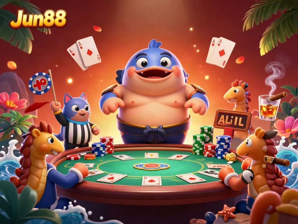 Experience the excitement of gambling at Jun88 with a lively underwater poker scene featuring a giant fugu, a wise catfish referee, and colorful poker elements.
