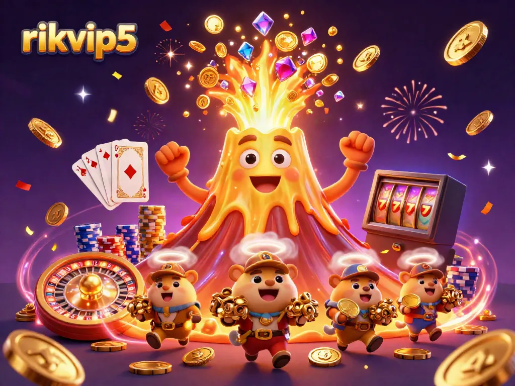 Experience excitement at rikvip5 with a vibrant 3D gambling illustration of a golden volcano erupting coins.