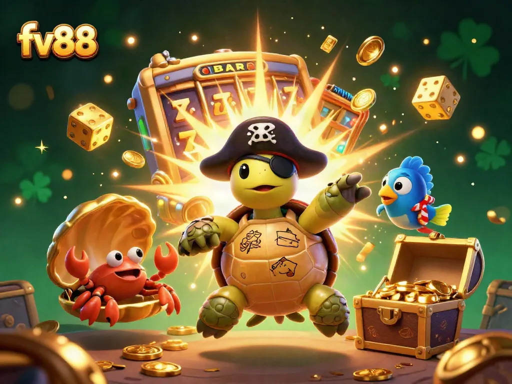 Spin to win with fv88 in a vibrant casino illustration featuring a pirate turtle and treasure!
