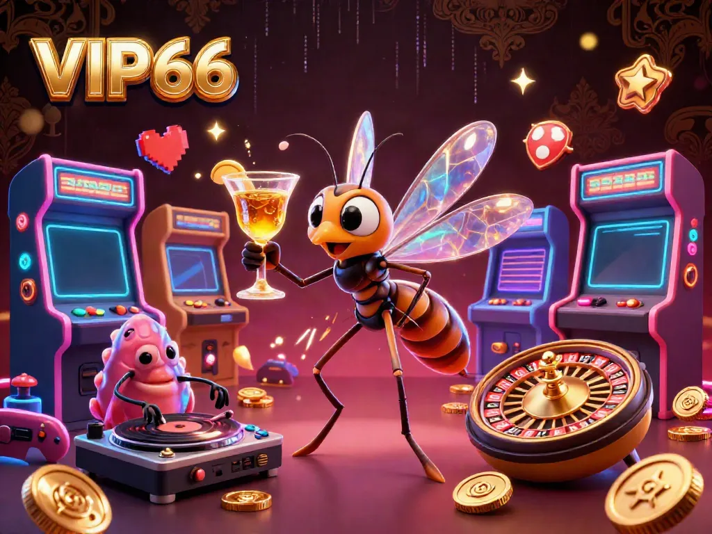 Experience the excitement of VIP66 with a lively 3D casino illustration showcasing a unique mosquito mascot and vibrant gaming elements.