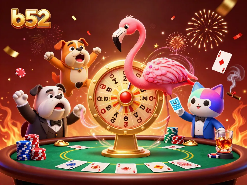 Engaging b52 game show scene with flamingo host, bulldog contestant, and prize display.