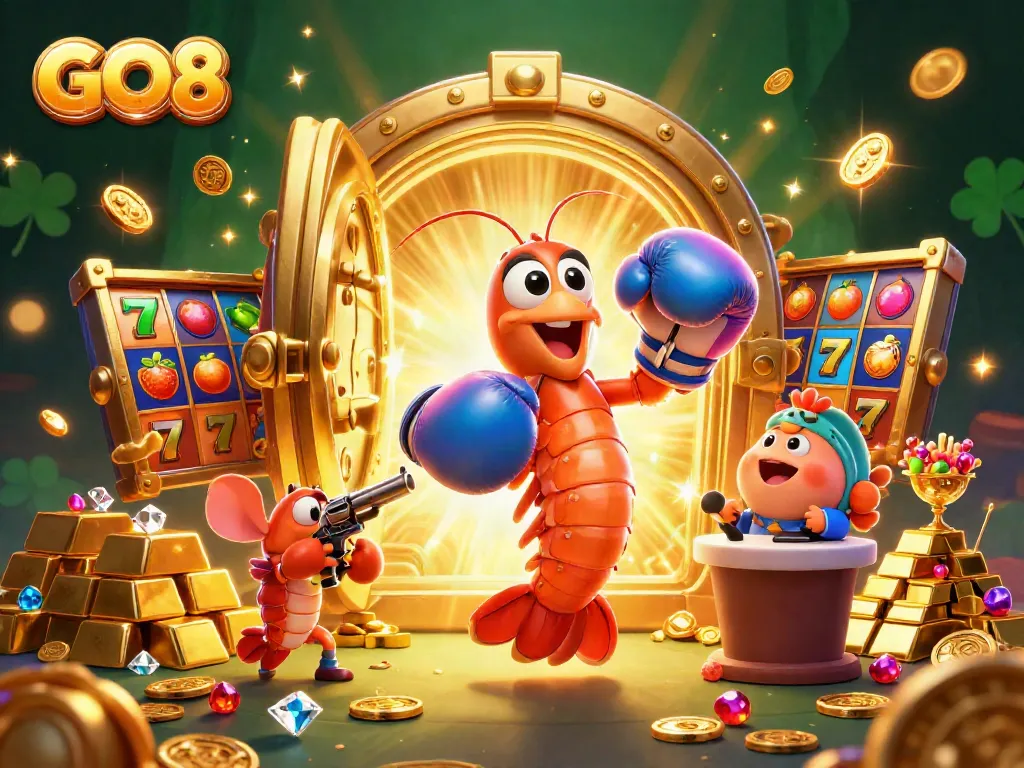 Engage with the exhilarating GO8 casino experience featuring vibrant 3D characters amidst dazzling slot elements.