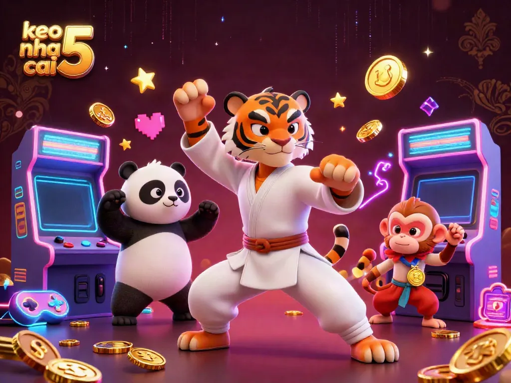 Engage with the vibrant action of keo nha cai 5 featuring a kung fu tiger, panda, and monkey in a dynamic online casino scene.