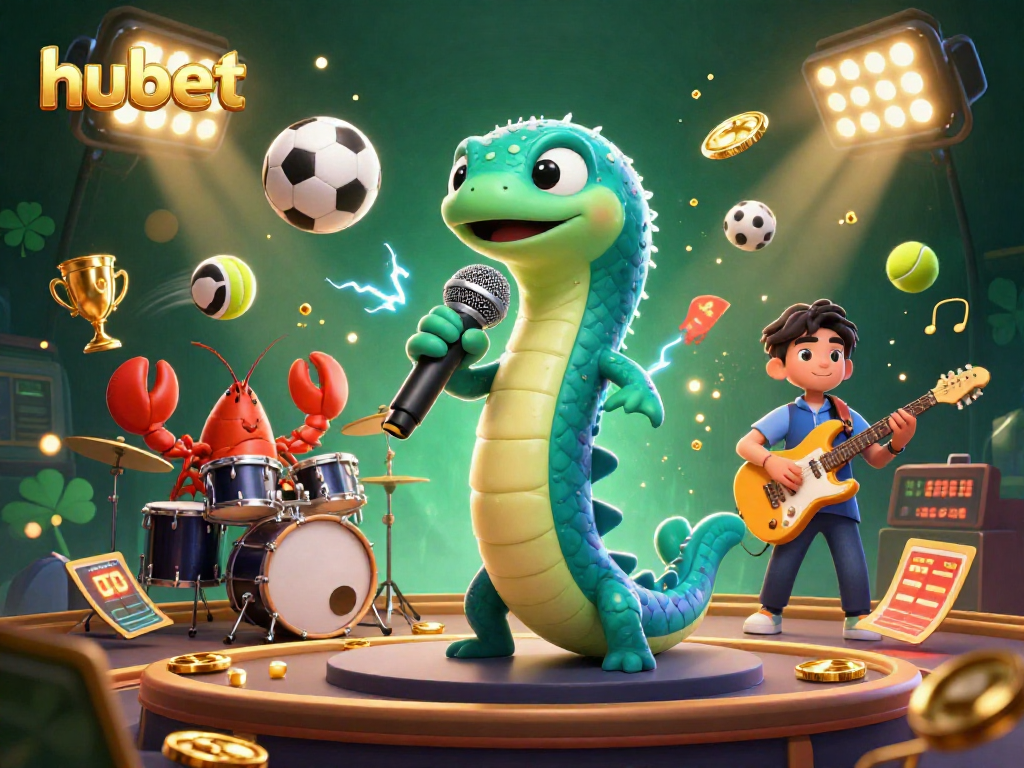 Engage with hubet's thrilling underwater casino scene featuring an electric eel DJ and vibrant game elements.