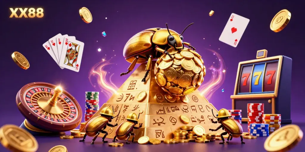Experience the thrill of gambling at XX88 with golden coins and casino excitement.