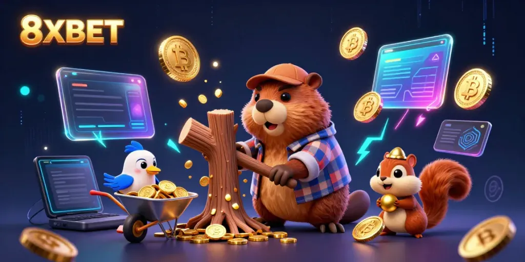 Engage with 8XBET as a beaver collects golden coins in a vibrant casino scene.