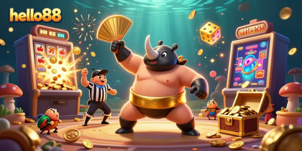 Experience thrilling wins at hello88 with a lively scene of animated characters engaging in exciting casino games.
