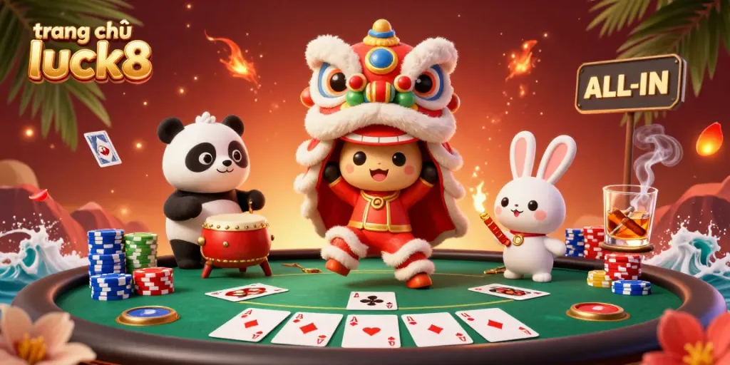 Experience the vibrant scene of a 3D lion dance at trang chủ luck8, highlighting festive decorations and poker elements.