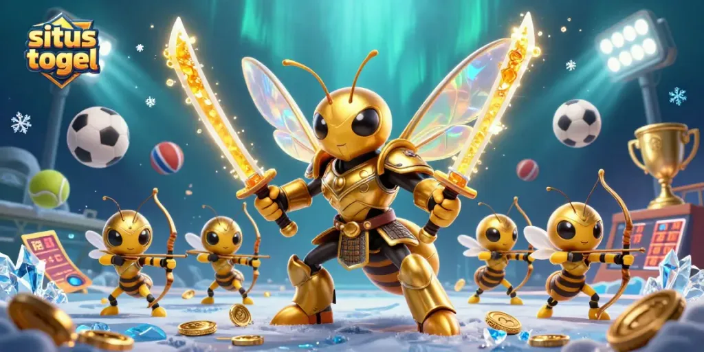 Experience thrilling situs togel action with a dynamic golden hornet and sports-themed elements in this vibrant illustration.