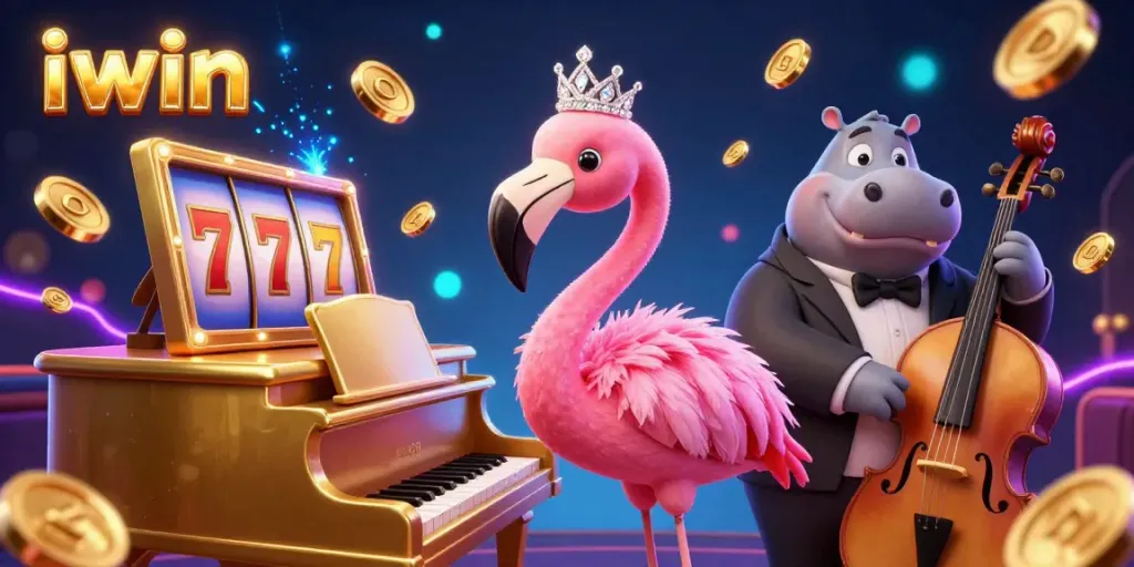 Win big with iwin’s vibrant 3D casino scene featuring dynamic slot machines and lively characters.