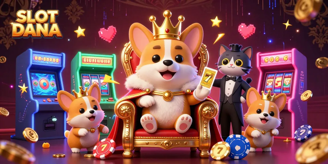 Menghadirkan SLOT DANA, corgi kerajaan di atas tahta chip poker dikelilingi mesin permainan 3D yang berwarna-warni.