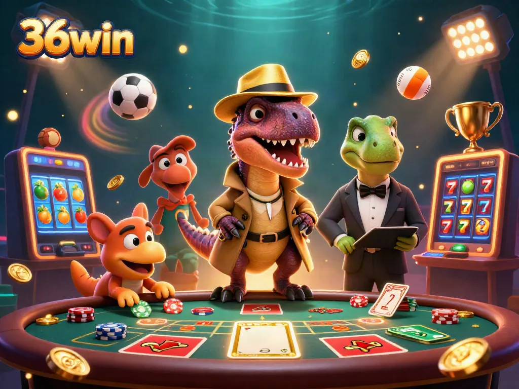 Experience thrilling casino action with 36win as a velociraptor card counter amidst playful gaming elements.