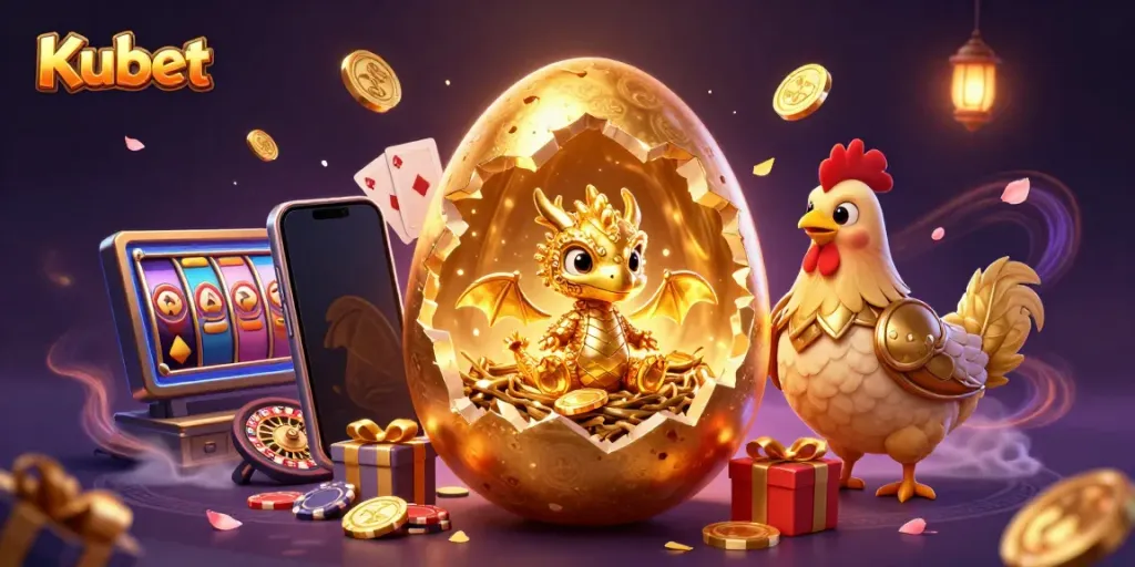 Kubet showcases a colossal golden egg revealing a golden dragon with poker chips, surrounded by vibrant casino elements.