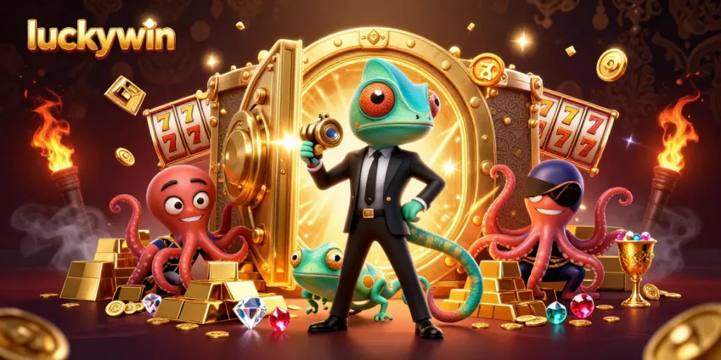 Experience thrilling moments with luckywin at this vibrant fantasy casino scene featuring a chameleon, gecko, and octopus.