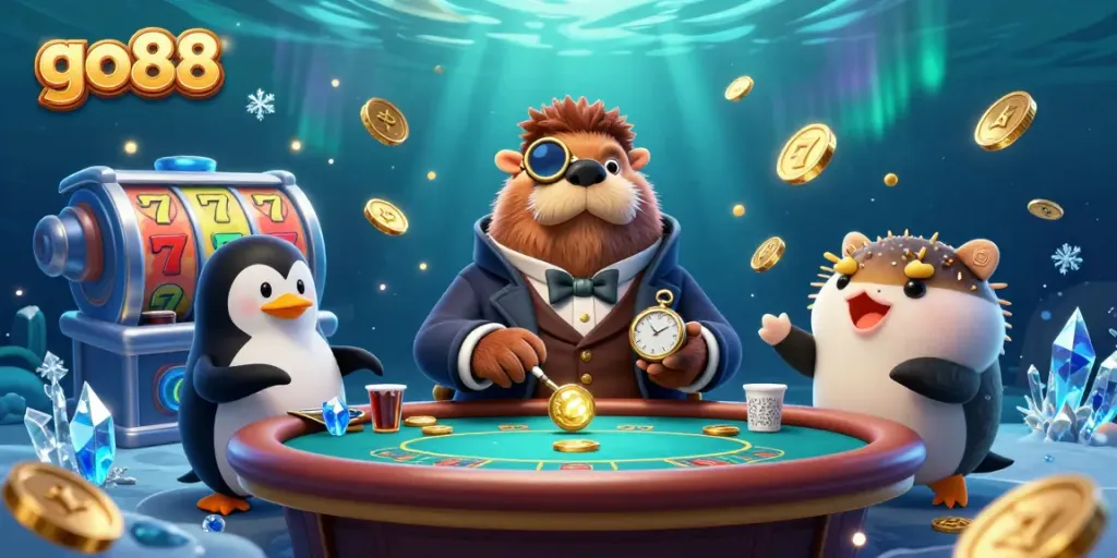 Engage with the vibrant go88 underwater casino where a jolly walrus and dealer penguin play poker.