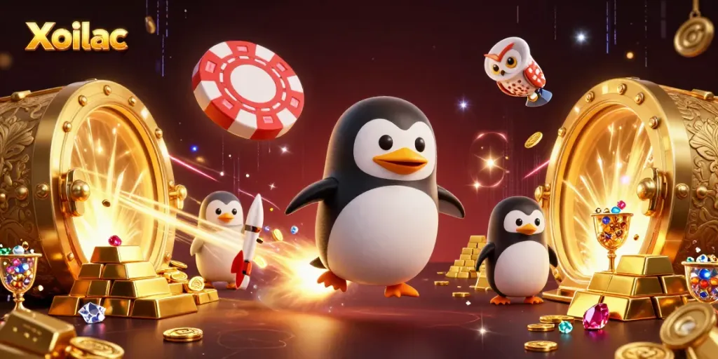 Xoilac's rocket-powered penguin delivers golden treasures from a casino-inspired universe.