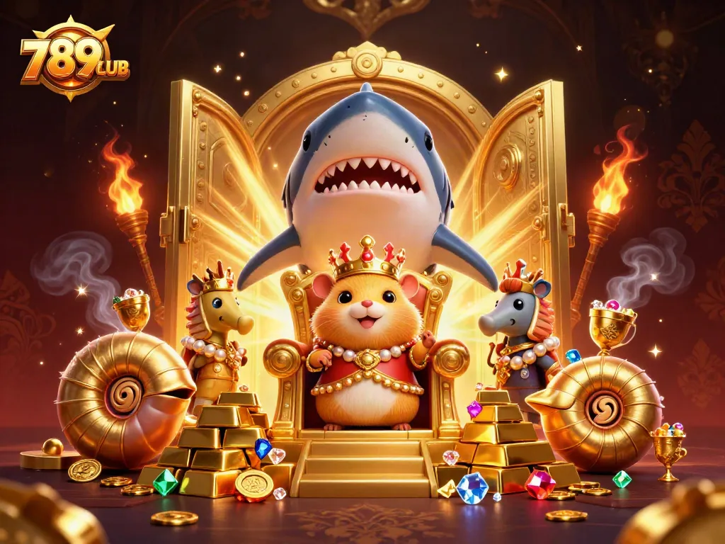 Engage in thrilling 789CLUB adventures with a hamster king and treasure in a vibrant casino realm.