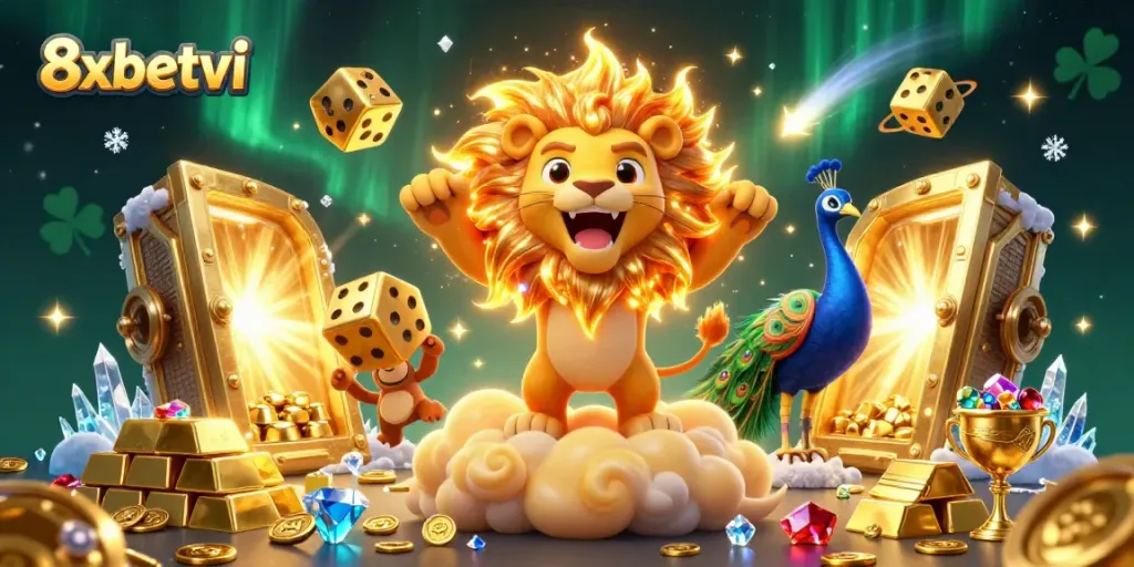 Experience the thrill of winning at 8xbetvi with a vibrant illustration of a roaring sun lion, golden dice, and treasure.