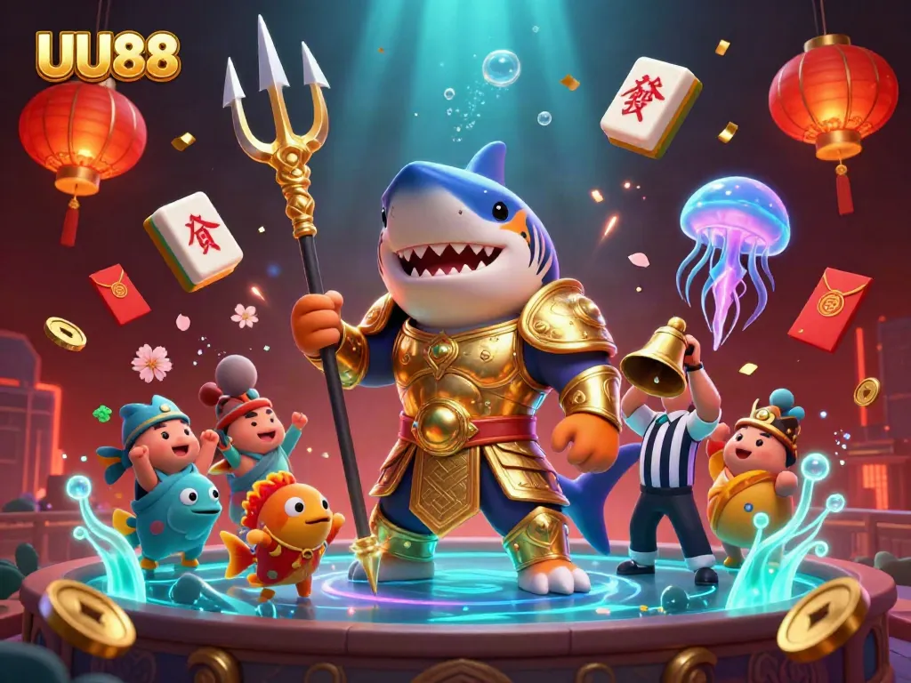 UU88 features a dynamic underwater casino scene with a tiger shark and lively game elements.