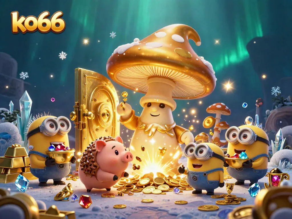 Experience the magic of ko66 with a golden mushroom wizard conjuring treasures in a vibrant casino scene.