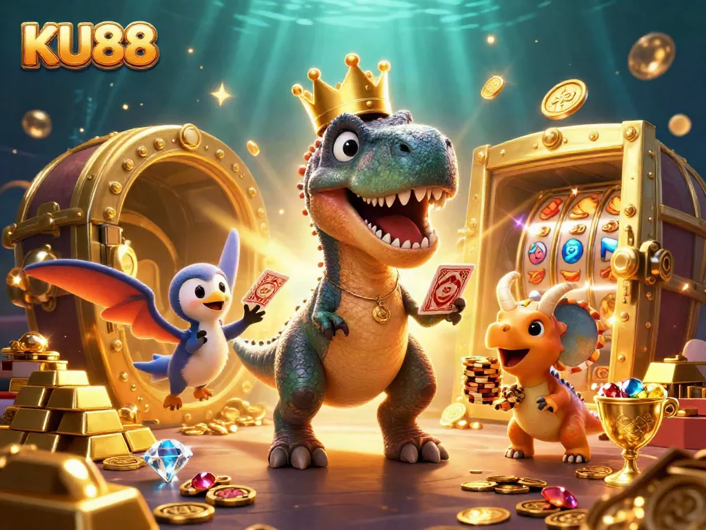 Experience the excitement of KU88 with a friendly T-Rex shuffling cards and a lively scene filled with treasures and joy.