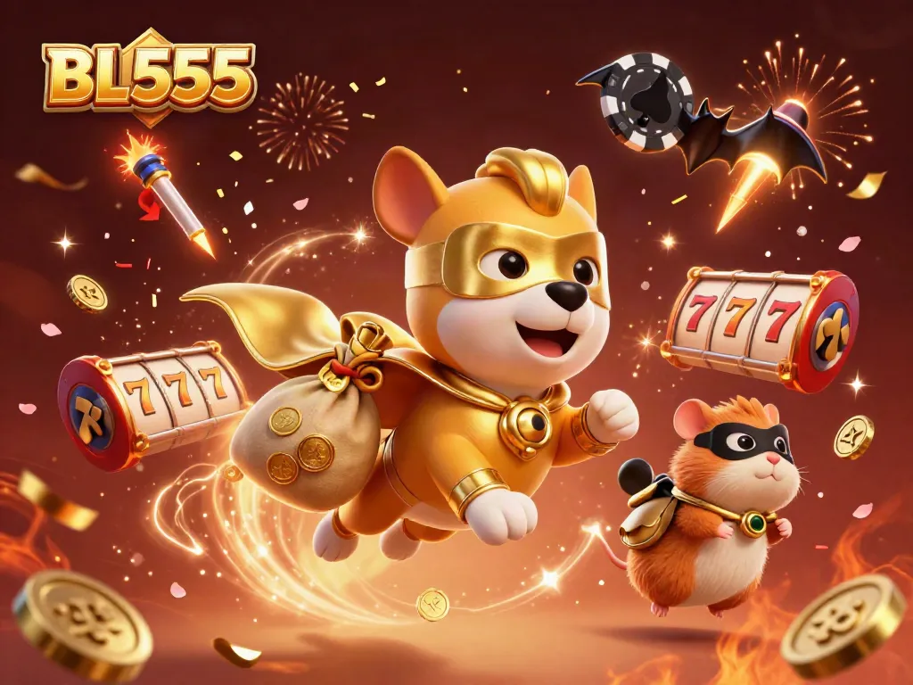 Experience thrilling gameplay at BL555 with superhero characters, jackpot themes, and celebratory elements.