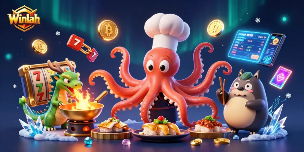 Winlah showcases a vibrant scene with a cartoon sushi chef octopus, highlighting immersive gambling elements.