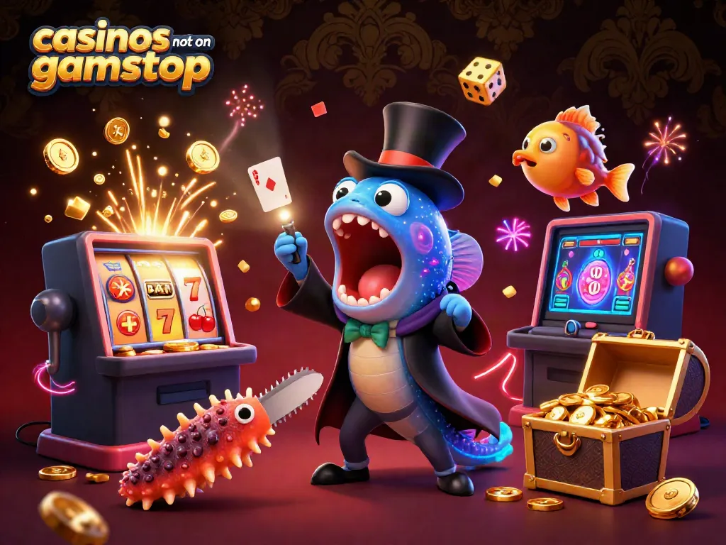 Animating a vibrant scene of casinos not on gamstop with a glowing slot machine, bioluminescent eel, and anglerfish.