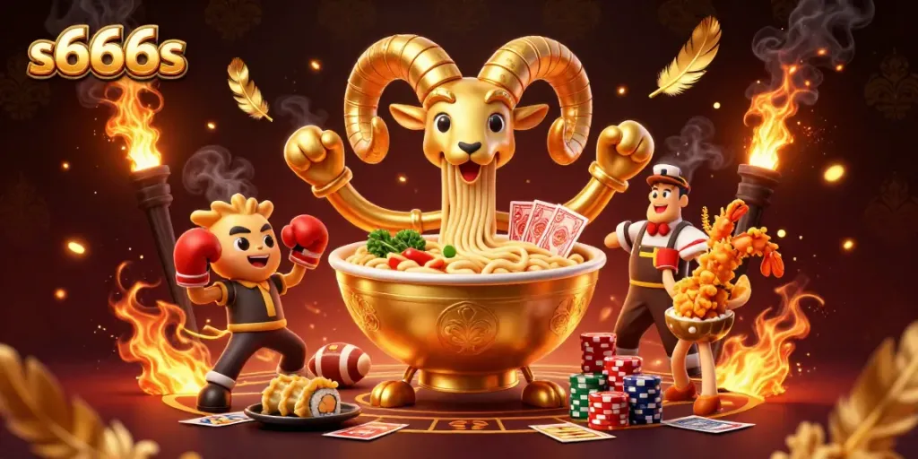 Engaging s666s scene with a giant ramen bowl dealer and sports betting elements showcasing casino excitement.