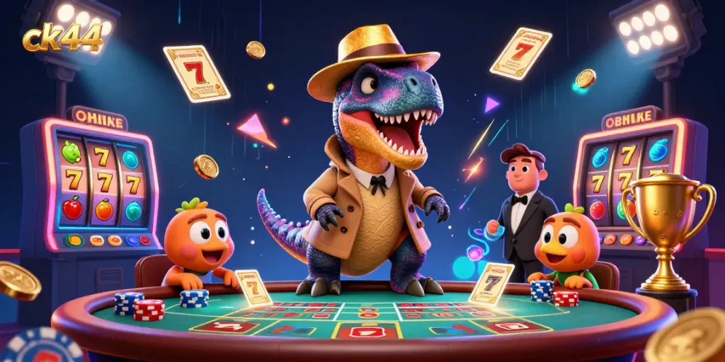 Experience the thrill of ck44 gaming with vibrant dino characters at a blackjack table amidst slot reels and golden coins.