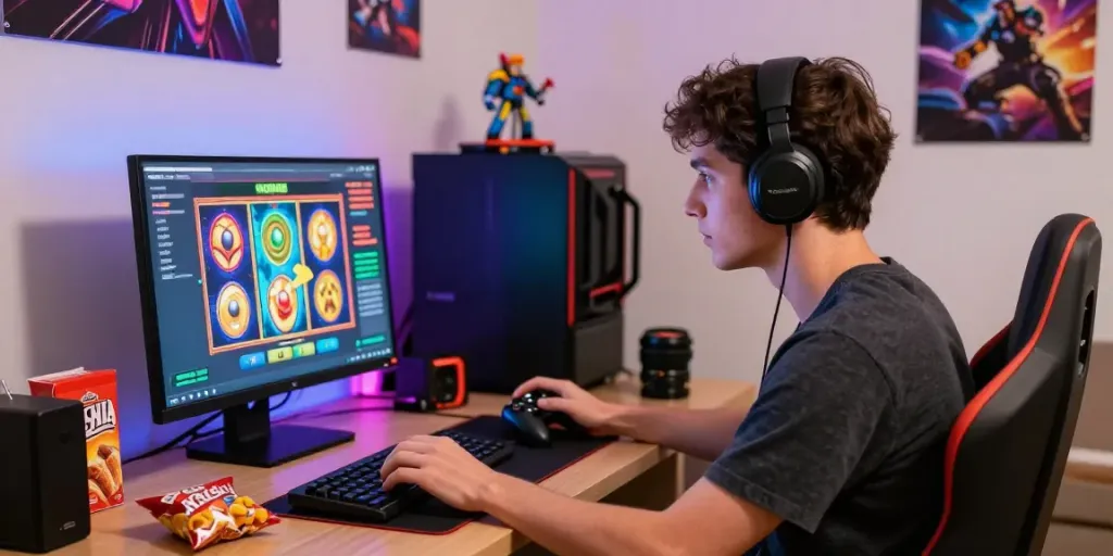 Engaging home gaming scene with individual enjoying slot gacor games on a vibrant desktop.