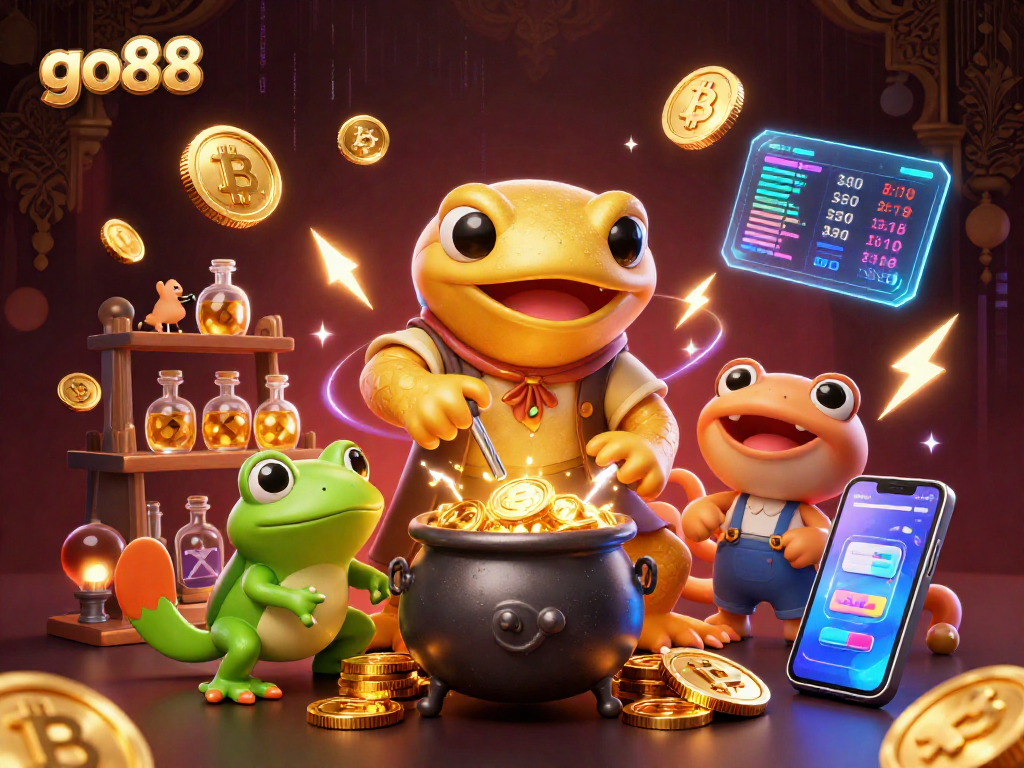 go88 showcases a vibrant scene of an alchemist and apprentice converting base metals into gold coins.