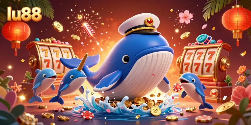 Experience the excitement of lu88 with a vibrant scene of a whale and dolphins surrounded by casino elements.