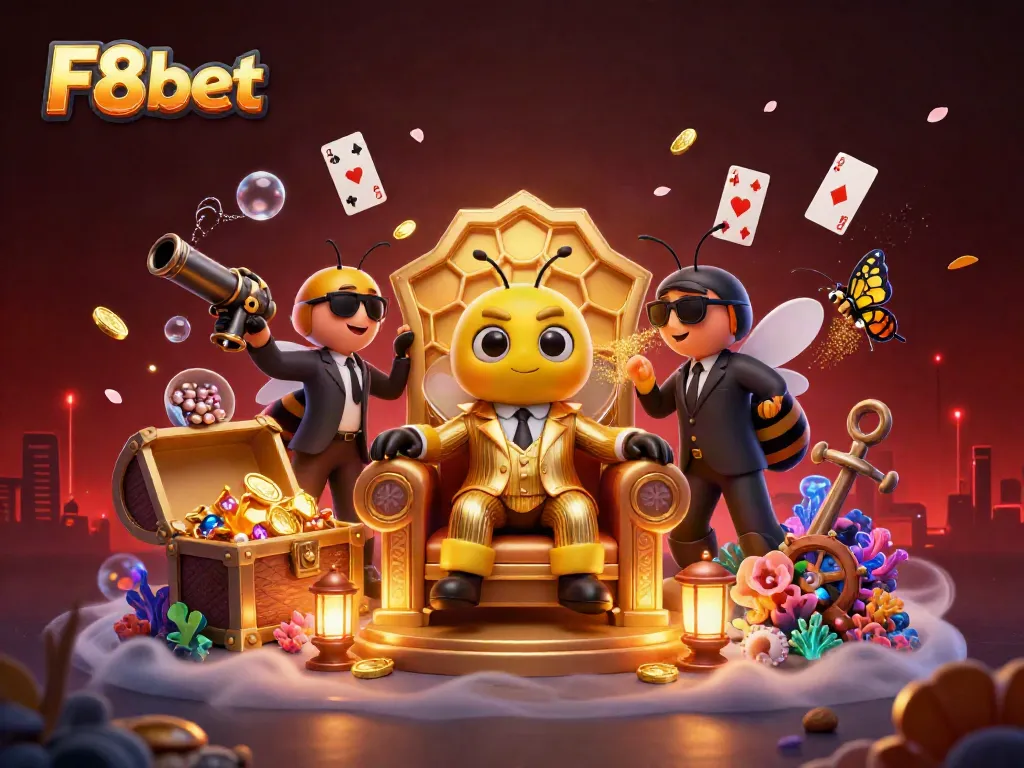 F8bet features a vibrant casino scene with a bumblebee mob boss and dazzling treasures