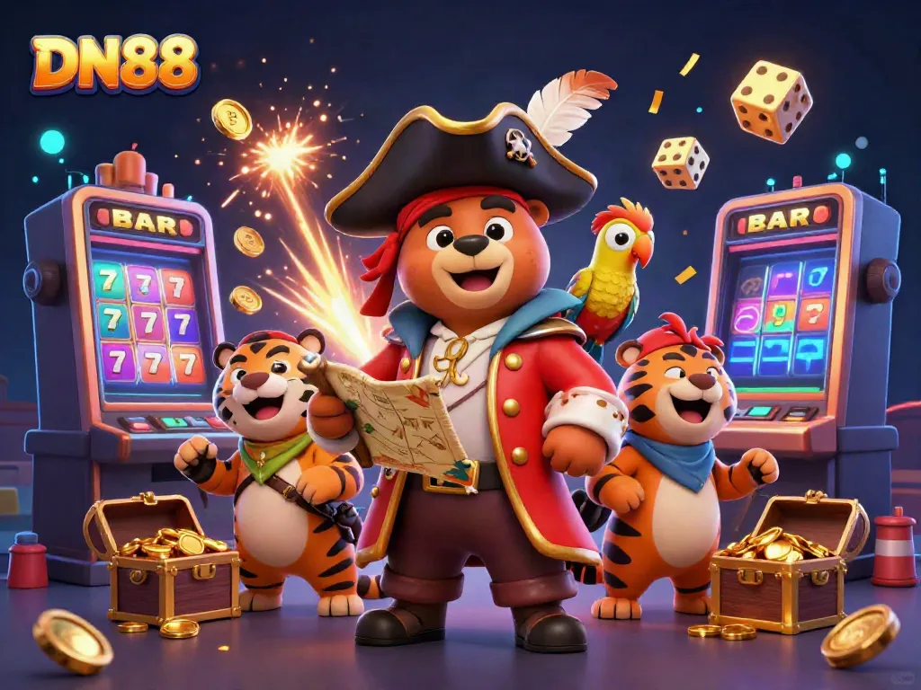 Experience thrilling gameplay with DN88's vibrant casino adventure featuring a pirate bear and vibrant game elements.