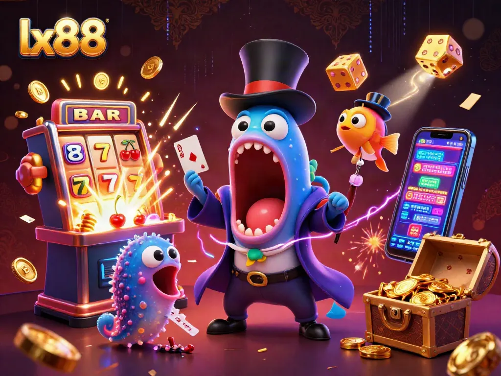 Experience the excitement of lx88 with a vibrant gambling-themed underwater scene featuring a playful gulper eel!
