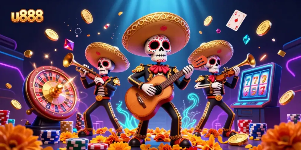 Experience the vibrant energy of the u888 mariachi band in a lively casino setting filled with rich gaming elements.