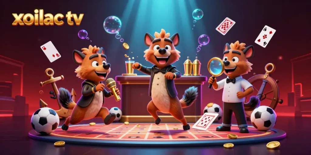 Experience the thrill of betting at a vibrant xoilac tv venue with hyena characters in a 3D scene.