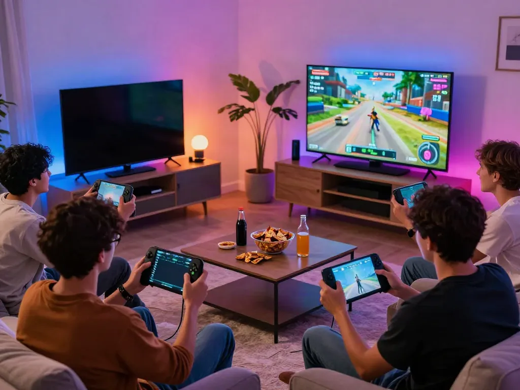 Friends enjoying the excitement of lại là Bắn cá đổi thưởng during a gaming night with snacks and lively decor.