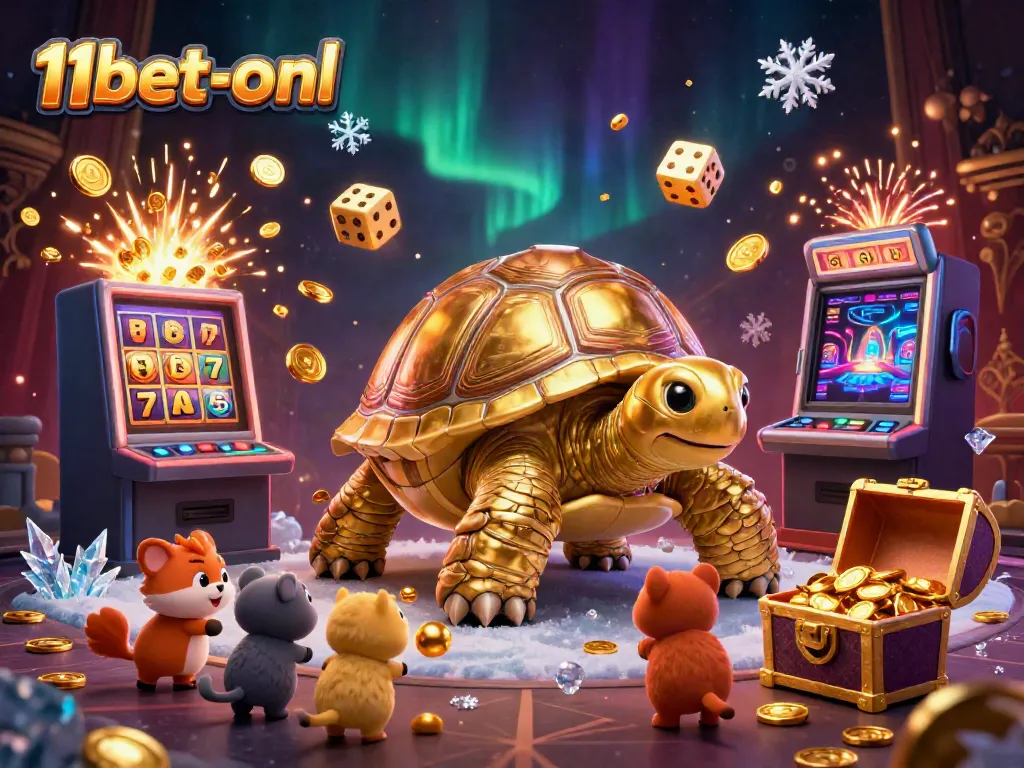 Engage with the vibrant 11bet-onl casino scene featuring a colossal golden tortoise and lively characters enjoying thrilling games.
