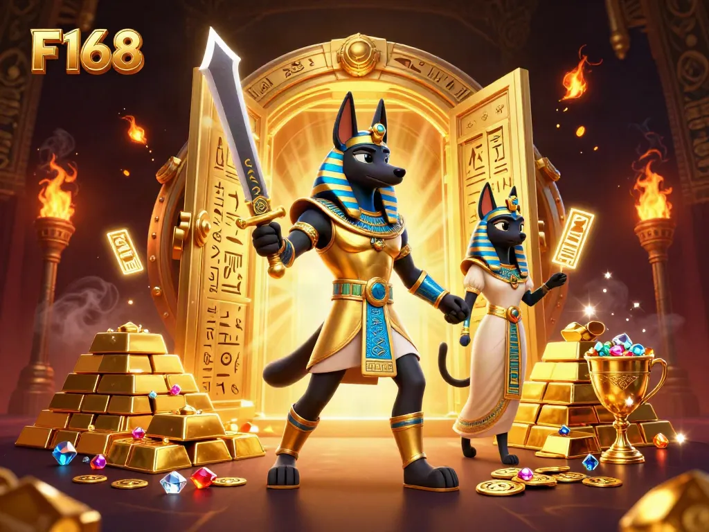 F168 showcases a dynamic scene with an Egyptian warrior and treasure atop a casino backdrop, heralding thrilling gaming.