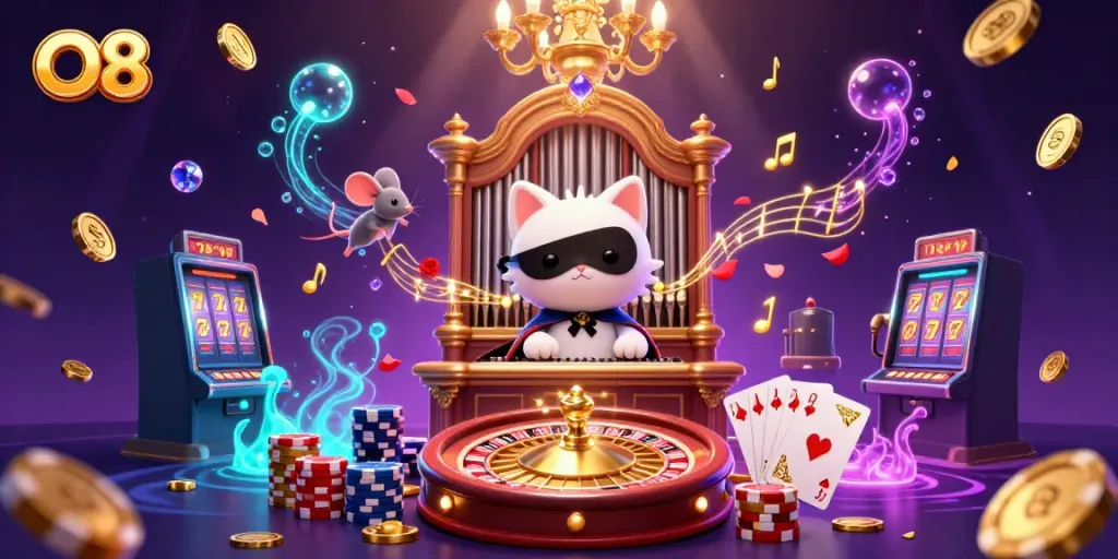 Experience the thrilling world of O8, where playful characters amidst falling coins and roulette, create an engaging casino scene.